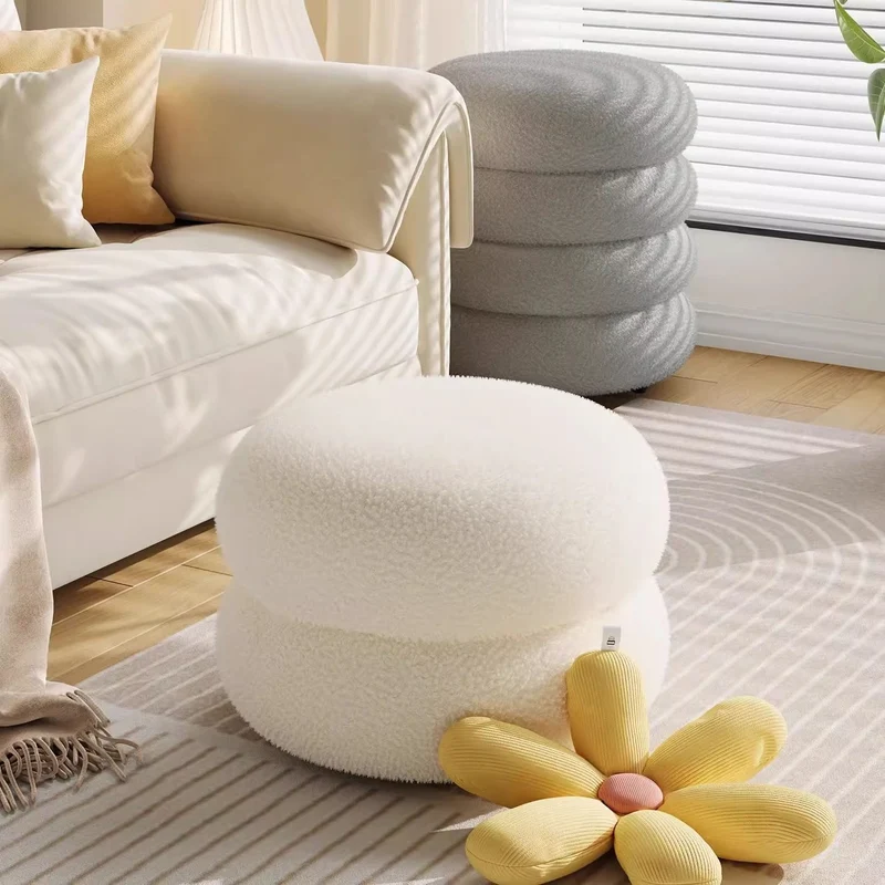 Contemporary Nordic Sherpa Fabric Engineered Board Round Low Stool Multi-Tier For Living Room And Bedroom