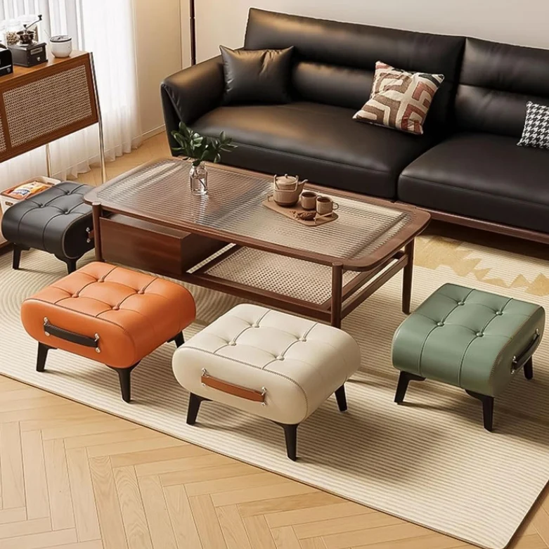 Modern Luxury Faux Leather Alloy Rectangular Footstool With Portable Handle For Entryway And Living Room