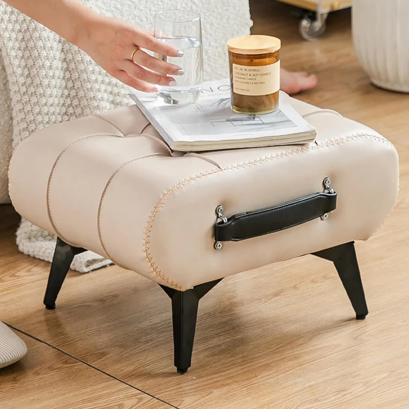 Modern Luxury Faux Leather Alloy Rectangular Footstool With Portable Handle For Entryway And Living Room