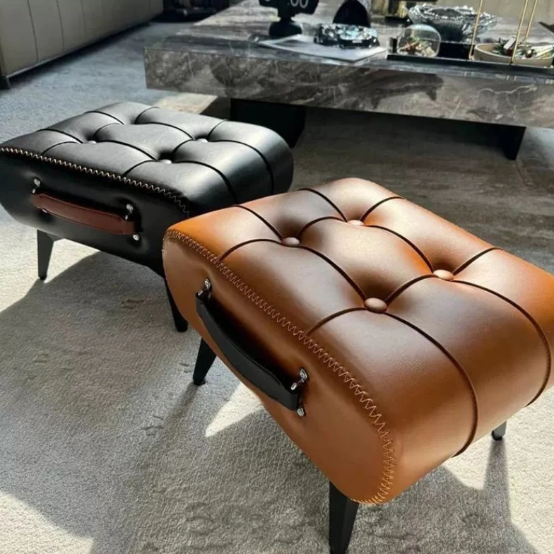 Modern Luxury Faux Leather Alloy Rectangular Footstool With Portable Handle For Entryway And Living Room
