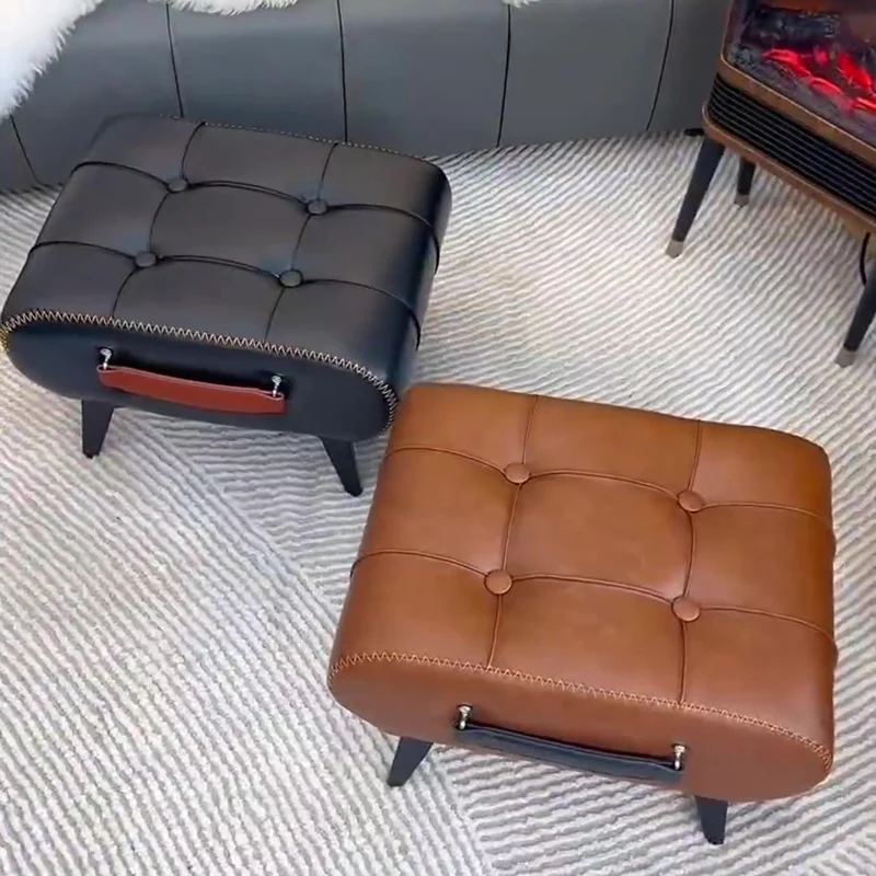 Modern Luxury Faux Leather Alloy Rectangular Footstool With Portable Handle For Entryway And Living Room