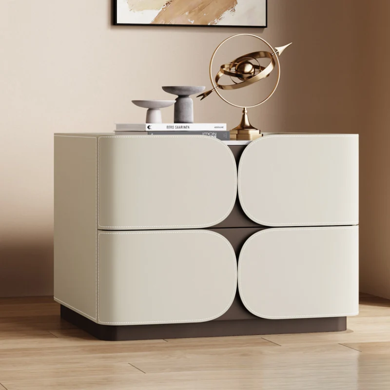 Contemporary Nordic Square Cube Stone Slab Plywood Pine Wood Saddle-Style Faux Leather Faux Lychee Leather Nightstand 2 - Drawer For Bedroom