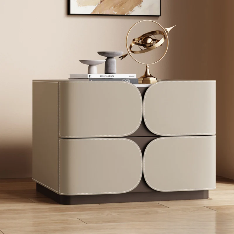 Contemporary Nordic Square Cube Stone Slab Plywood Pine Wood Saddle-Style Faux Leather Faux Lychee Leather Nightstand 2 - Drawer For Bedroom