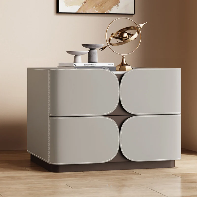 Contemporary Nordic Square Cube Stone Slab Plywood Pine Wood Saddle-Style Faux Leather Faux Lychee Leather Nightstand 2 - Drawer For Bedroom