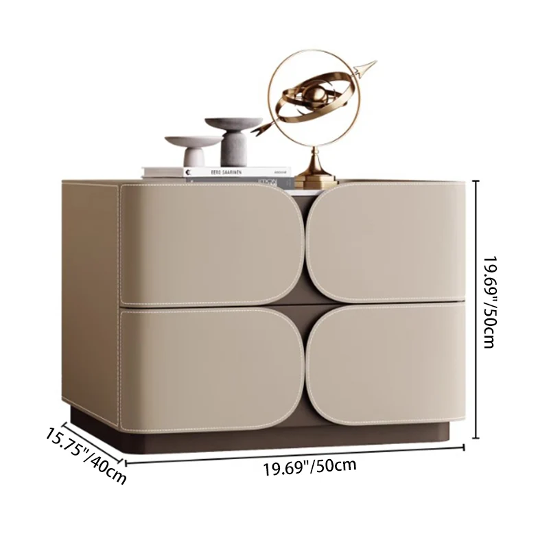 Contemporary Nordic Square Cube Stone Slab Plywood Pine Wood Saddle-Style Faux Leather Faux Lychee Leather Nightstand 2 - Drawer For Bedroom