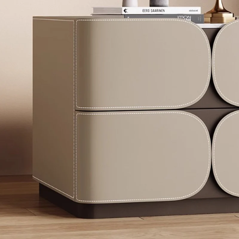 Contemporary Nordic Square Cube Stone Slab Plywood Pine Wood Saddle-Style Faux Leather Faux Lychee Leather Nightstand 2 - Drawer For Bedroom