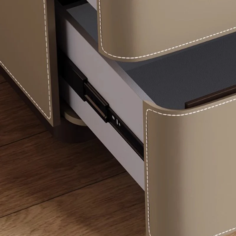 Contemporary Nordic Square Cube Stone Slab Plywood Pine Wood Saddle-Style Faux Leather Faux Lychee Leather Nightstand 2 - Drawer For Bedroom