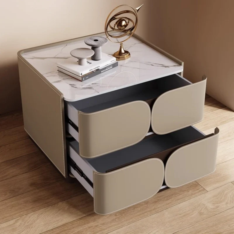 Contemporary Nordic Square Cube Stone Slab Plywood Pine Wood Saddle-Style Faux Leather Faux Lychee Leather Nightstand 2 - Drawer For Bedroom
