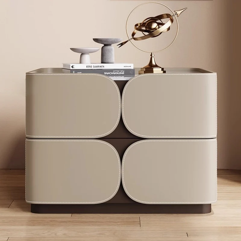 Contemporary Nordic Square Cube Stone Slab Plywood Pine Wood Saddle-Style Faux Leather Faux Lychee Leather Nightstand 2 - Drawer For Bedroom