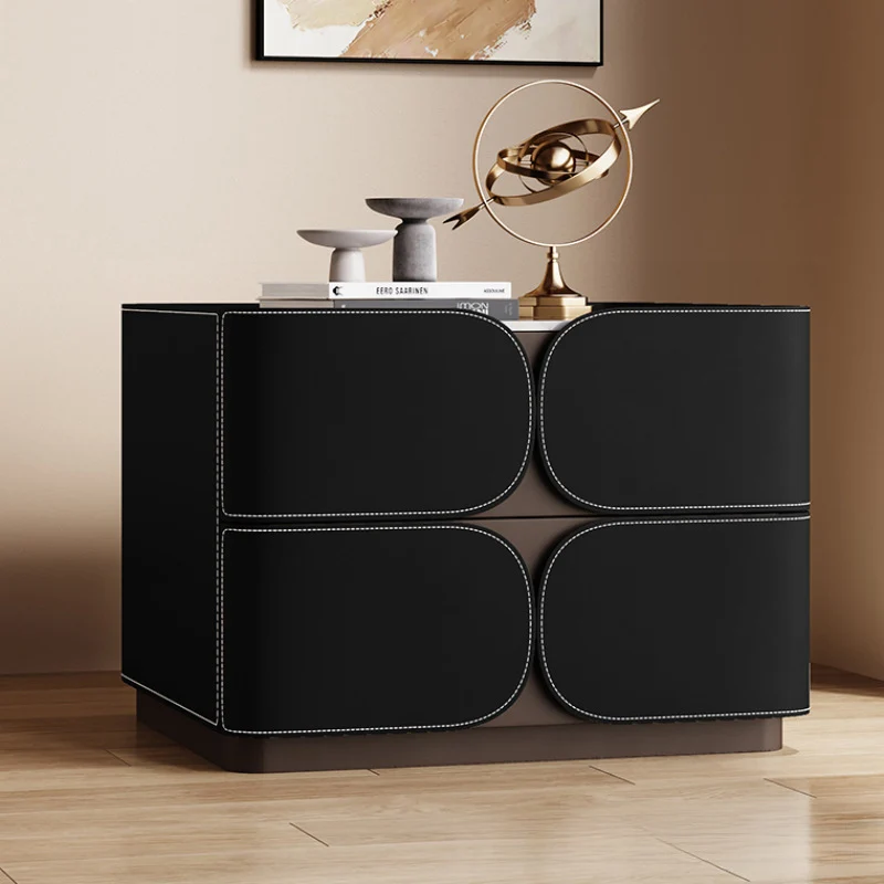 Contemporary Nordic Square Cube Stone Slab Plywood Pine Wood Saddle-Style Faux Leather Faux Lychee Leather Nightstand 2 - Drawer For Bedroom