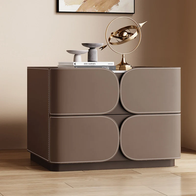 Contemporary Nordic Square Cube Stone Slab Plywood Pine Wood Saddle-Style Faux Leather Faux Lychee Leather Nightstand 2 - Drawer For Bedroom