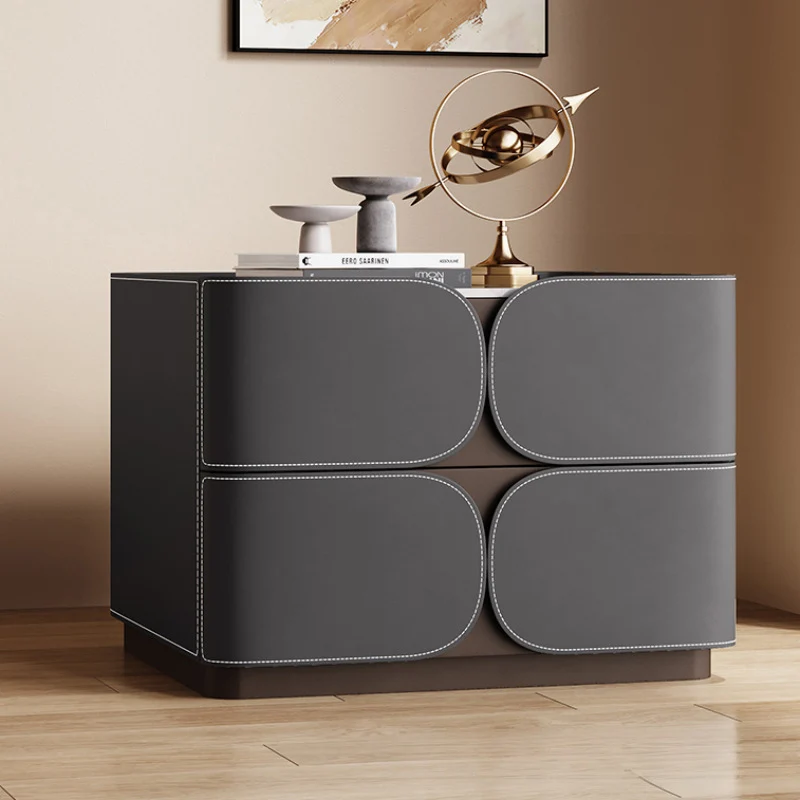 Contemporary Nordic Square Cube Stone Slab Plywood Pine Wood Saddle-Style Faux Leather Faux Lychee Leather Nightstand 2 - Drawer For Bedroom