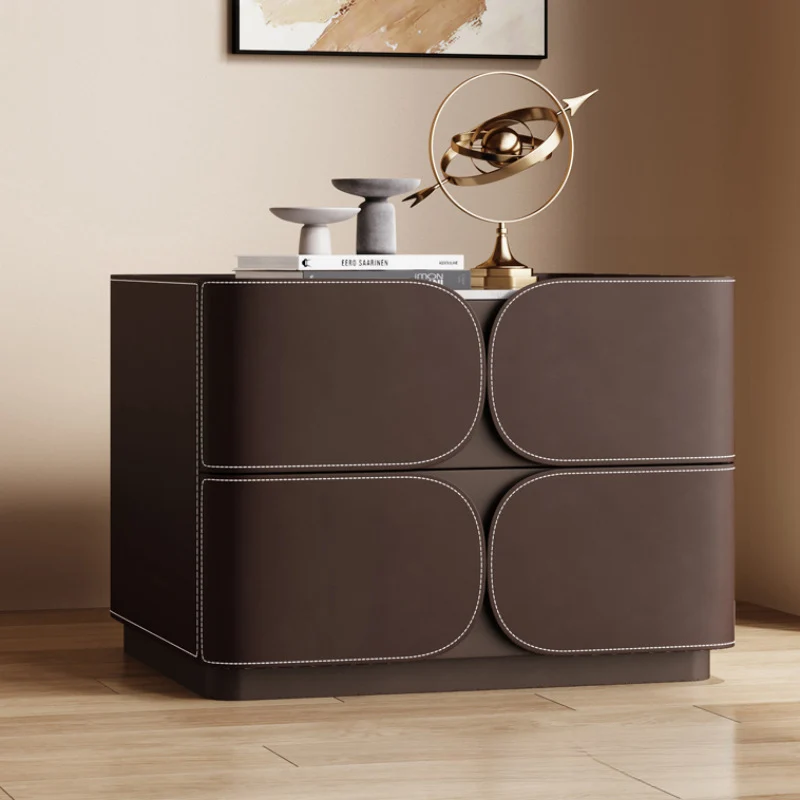 Contemporary Nordic Square Cube Stone Slab Plywood Pine Wood Saddle-Style Faux Leather Faux Lychee Leather Nightstand 2 - Drawer For Bedroom