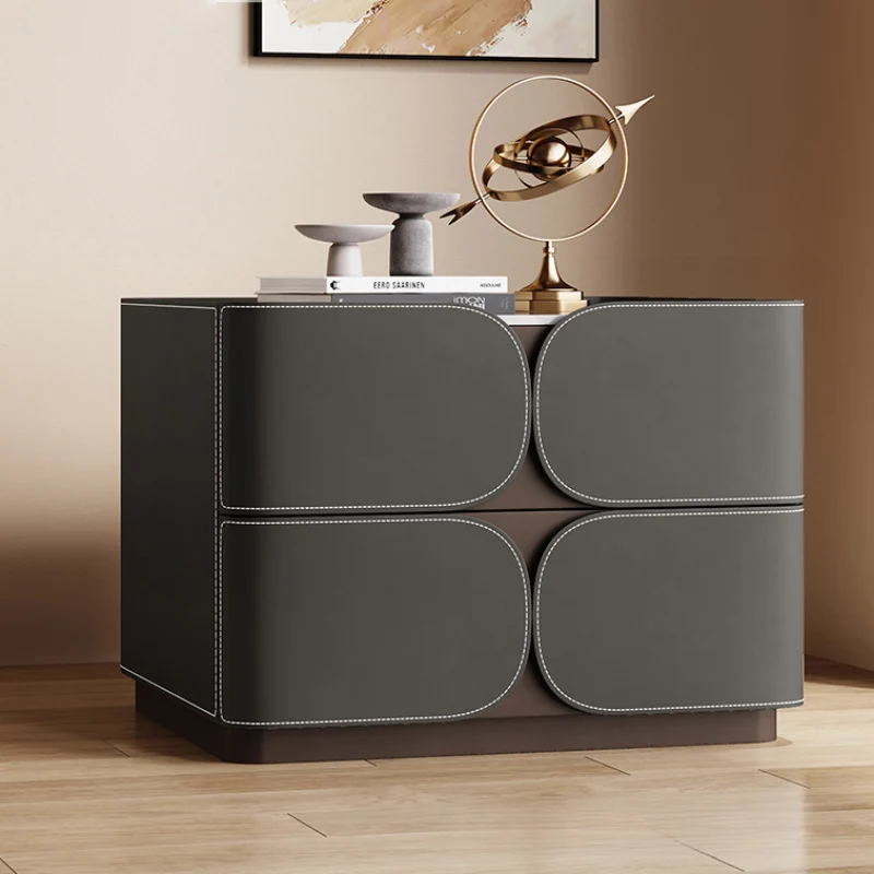 Contemporary Nordic Square Cube Stone Slab Plywood Pine Wood Saddle-Style Faux Leather Faux Lychee Leather Nightstand 2 - Drawer For Bedroom