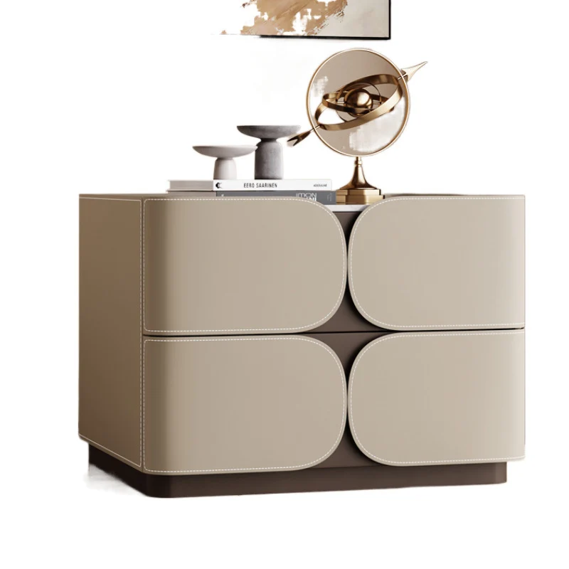 Contemporary Nordic Square Cube Stone Slab Plywood Pine Wood Saddle-Style Faux Leather Faux Lychee Leather Nightstand 2 - Drawer For Bedroom