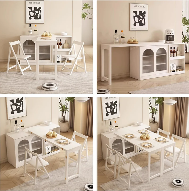 Mesa de comedor multifunción plegable y expandible con gabinete de diseño de almacenamiento oculto
