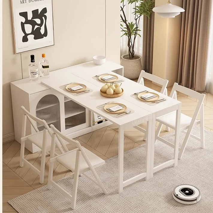 Mesa de comedor multifunción plegable y expandible con gabinete de diseño de almacenamiento oculto