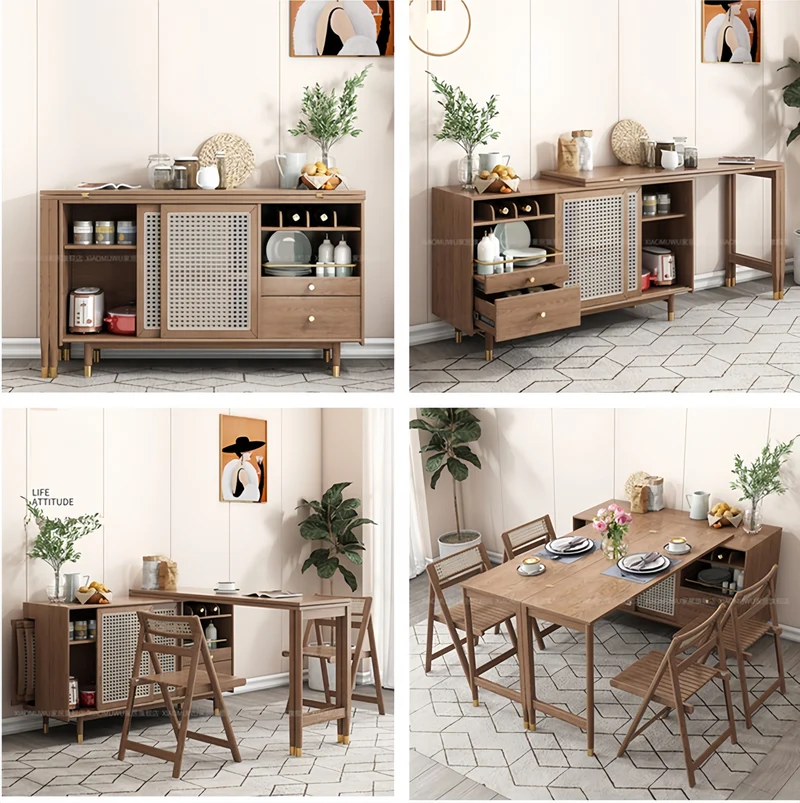 Mesa de comedor multifunción plegable y ampliable de nuevo diseño con armario lateral