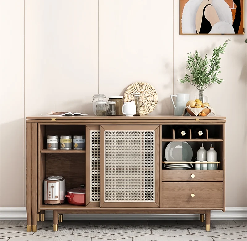 Mesa de comedor multifunción plegable y ampliable de nuevo diseño con armario lateral