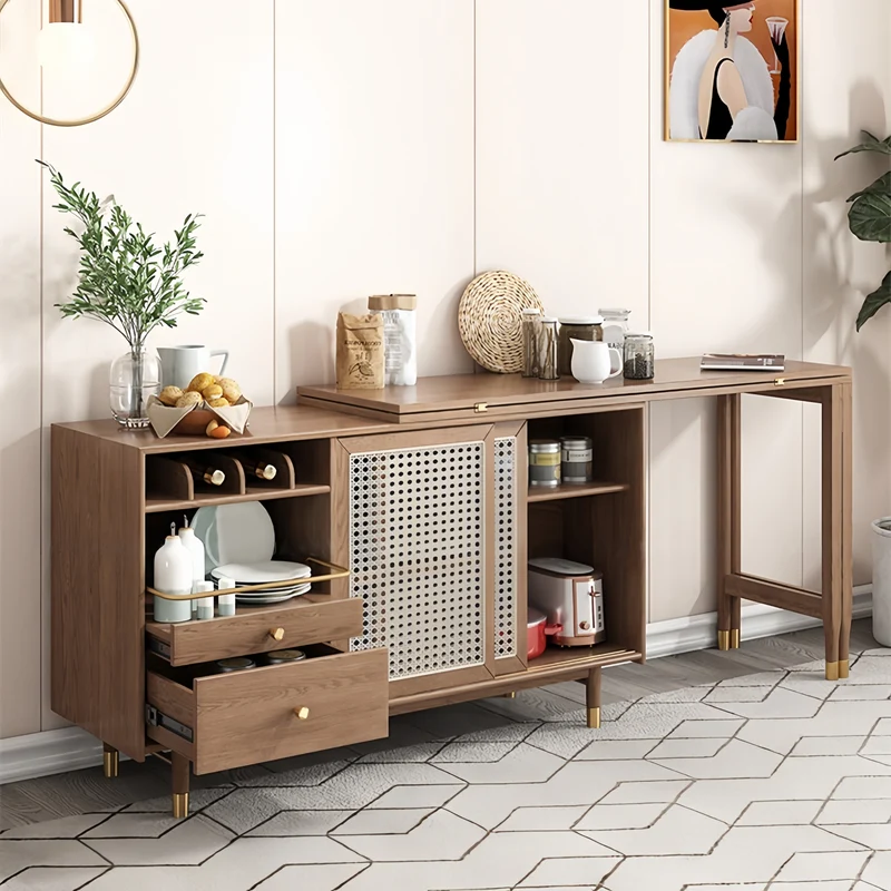 Mesa de comedor multifunción plegable y ampliable de nuevo diseño con armario lateral