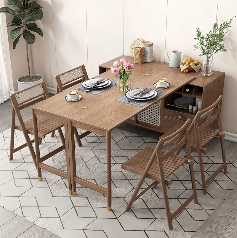 Mesa de comedor multifunción plegable y ampliable de nuevo diseño con armario lateral