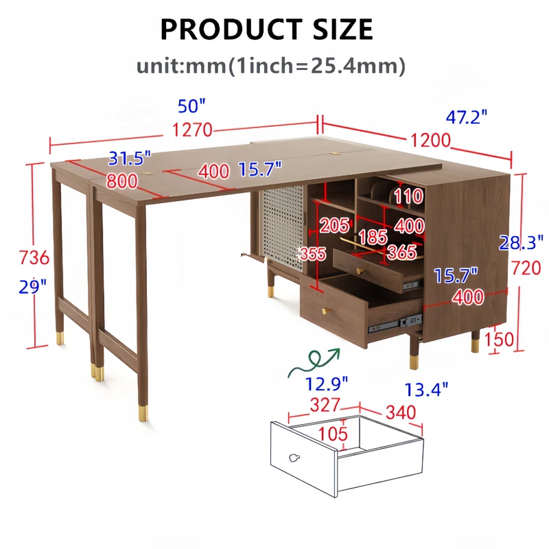 Mesa de comedor multifunción plegable y ampliable de nuevo diseño con armario lateral