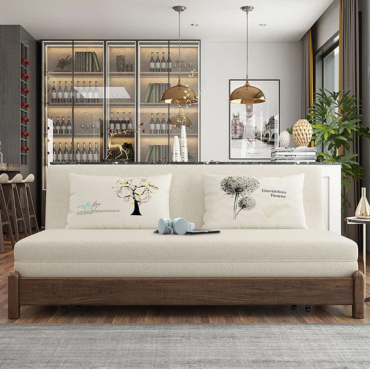 Sofá cama convertible moderno con estructura de madera maciza y almacenamiento debajo