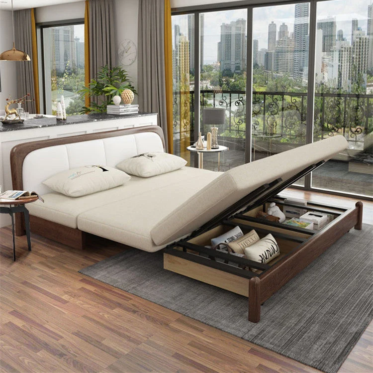 Sofá cama convertible moderno con estructura de madera maciza y almacenamiento debajo