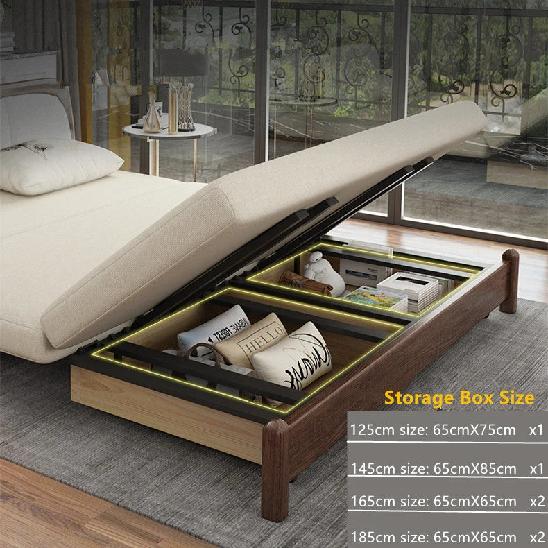 Sofá cama convertible moderno con estructura de madera maciza y almacenamiento debajo