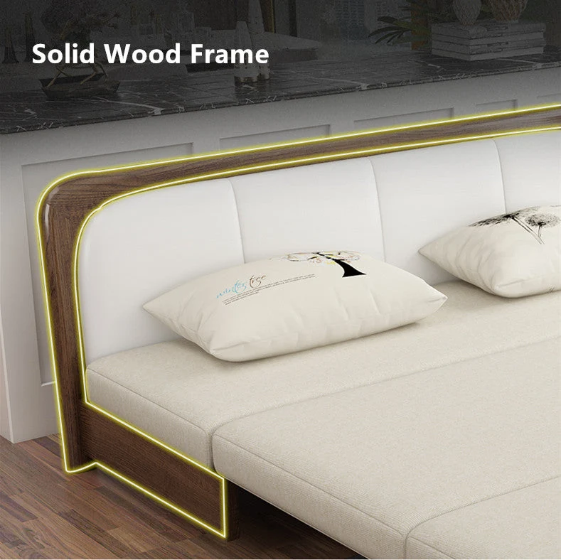 Sofá cama convertible moderno con estructura de madera maciza y almacenamiento debajo