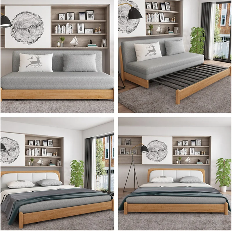 Sofá cama convertible moderno con estructura de madera maciza y almacenamiento debajo