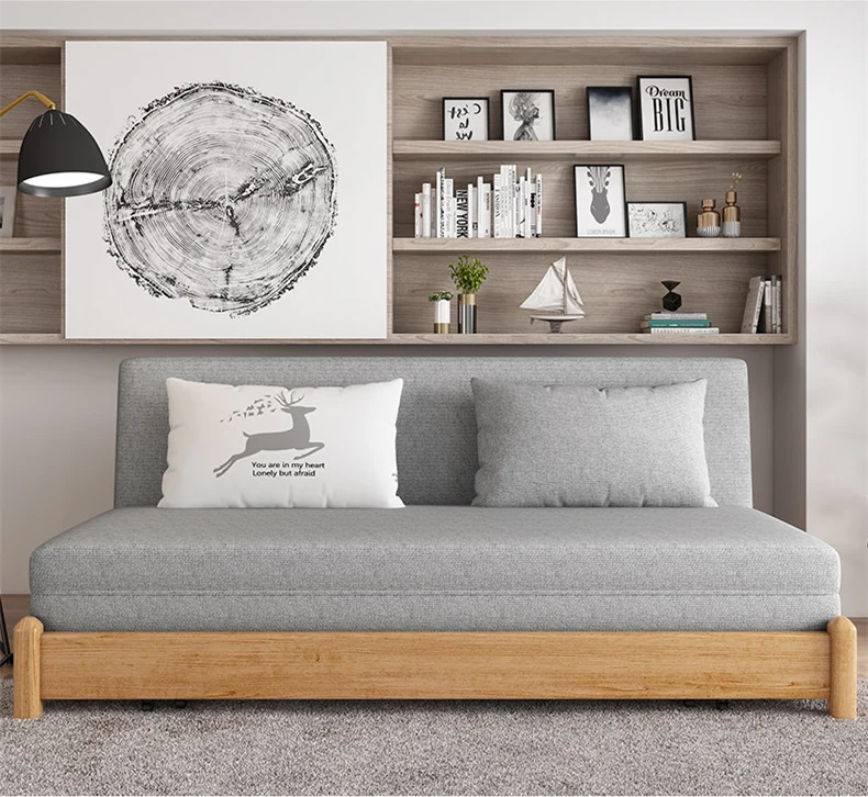 Sofá cama convertible moderno con estructura de madera maciza y almacenamiento debajo