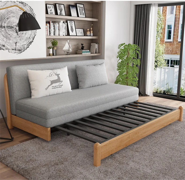 Sofá cama convertible moderno con estructura de madera maciza y almacenamiento debajo
