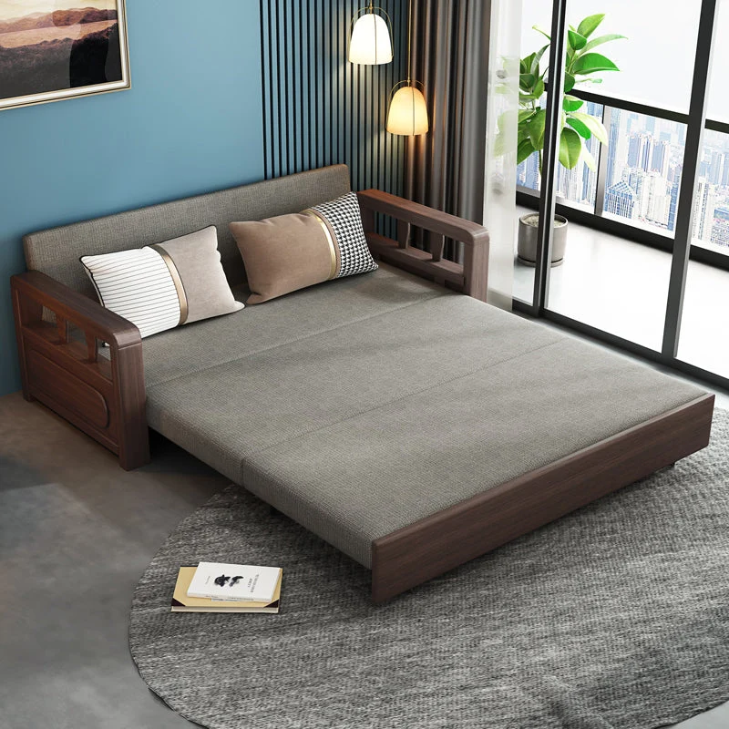 Sofá cama convertible moderno con estructura de madera maciza y almacenamiento debajo