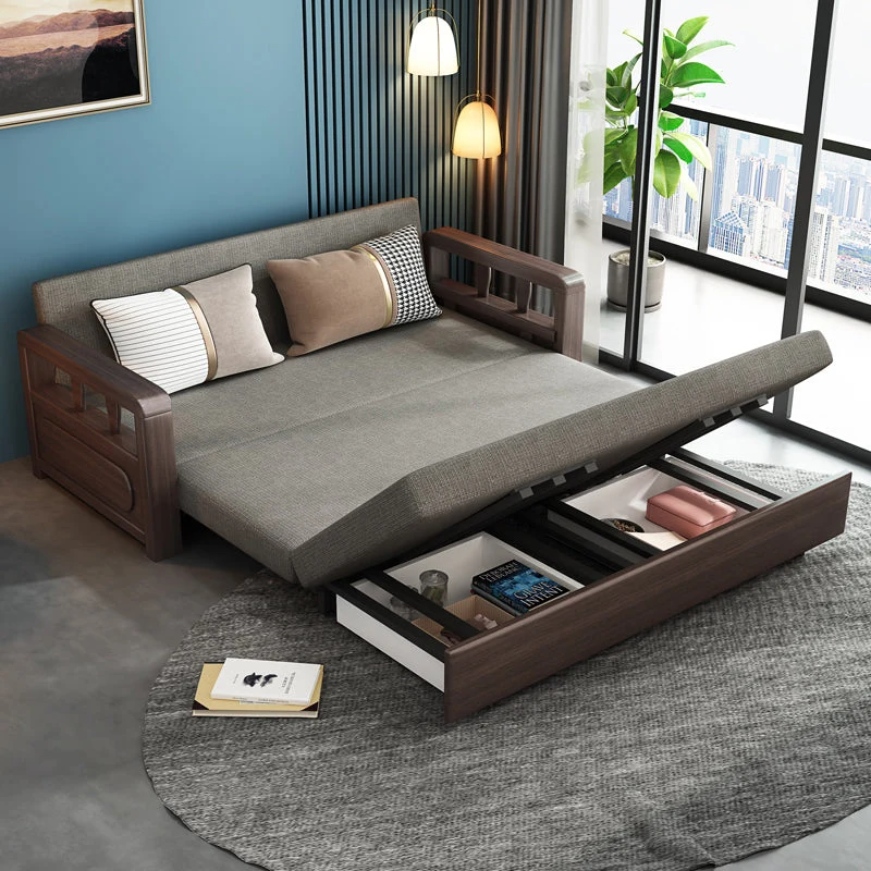 Sofá cama convertible moderno con estructura de madera maciza y almacenamiento debajo