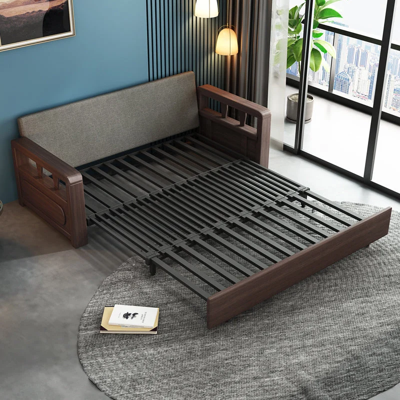 Sofá cama convertible moderno con estructura de madera maciza y almacenamiento debajo
