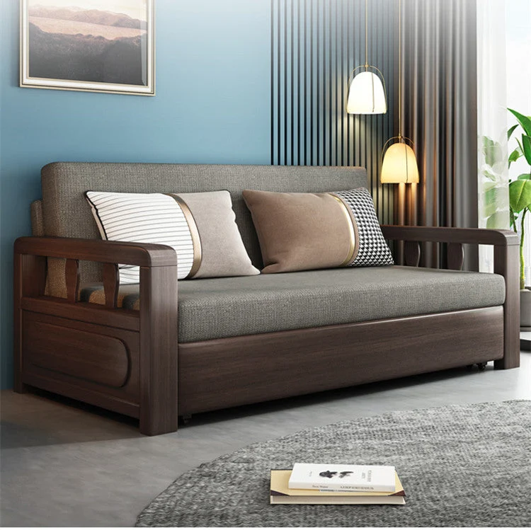 Sofá cama convertible moderno con estructura de madera maciza y almacenamiento debajo
