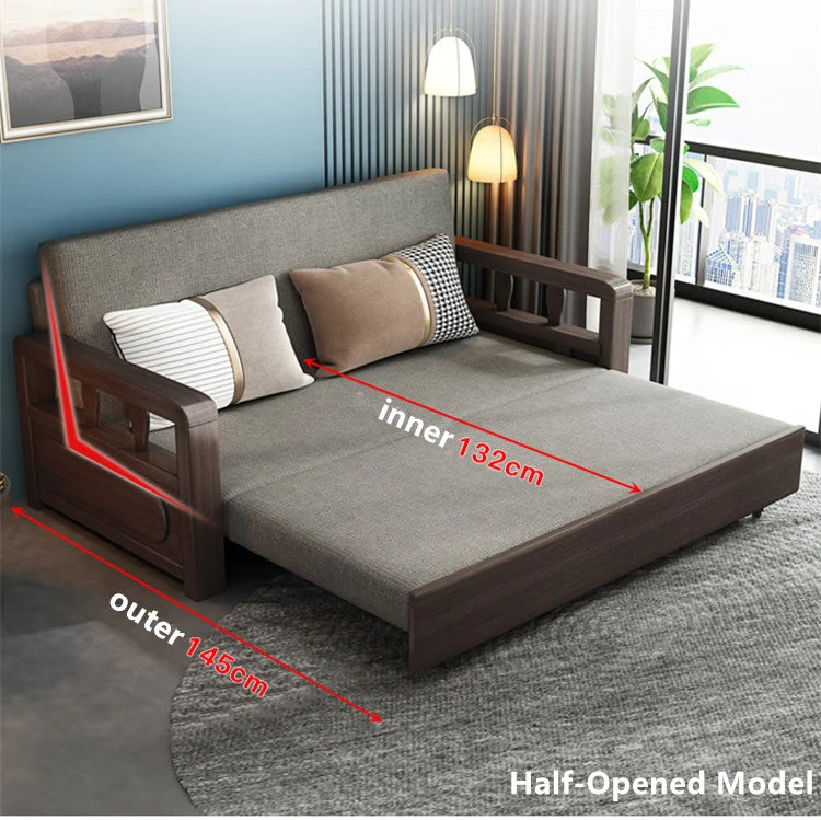 Sofá cama convertible moderno con estructura de madera maciza y almacenamiento debajo