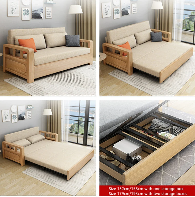 Sofá cama convertible moderno con estructura de madera maciza y almacenamiento debajo