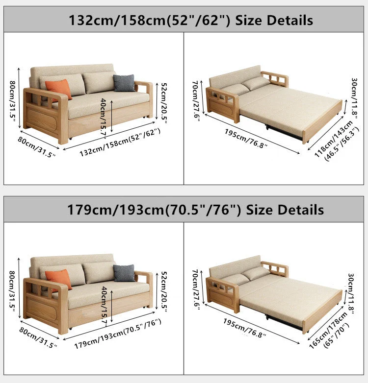 Sofá cama convertible moderno con estructura de madera maciza y almacenamiento debajo
