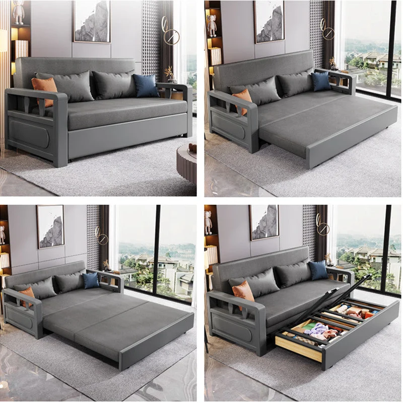 Sofá cama convertible moderno con estructura de madera maciza y almacenamiento debajo