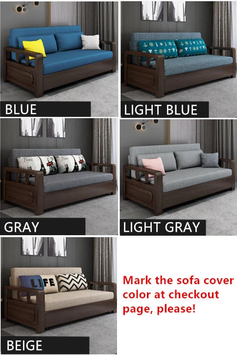 Sofá cama convertible moderno con estructura de madera maciza y almacenamiento debajo