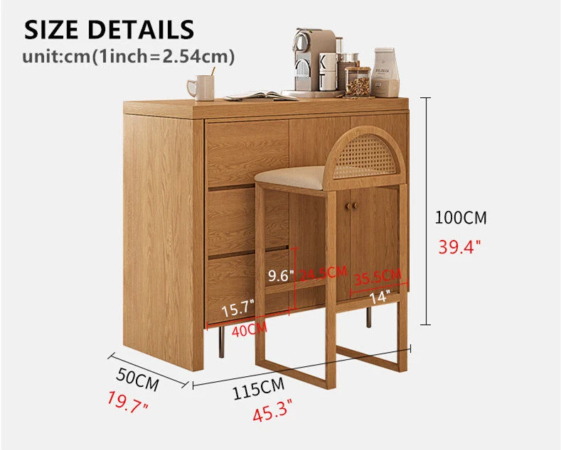 Mesa de bar L con aparador buffet de almacenamiento en ambos lados