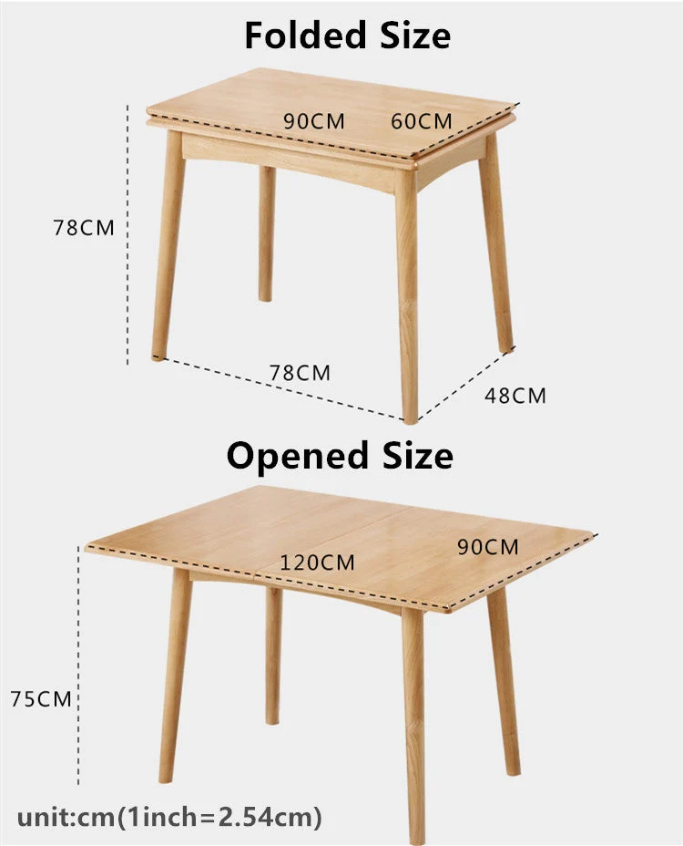 Mesa de madera maciza plegable y expandible con diseño que ahorra espacio