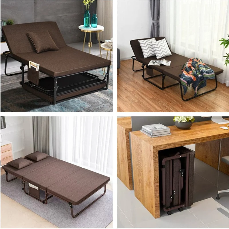 Cama de invitados plegable portátil con 6 posiciones ajustables y bolsillo de almacenamiento lateral (marrón, 78" LX 35" W)