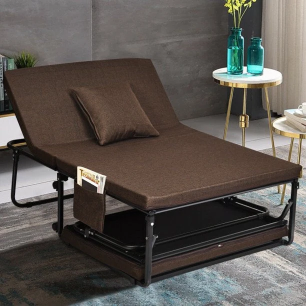 Cama de invitados plegable portátil con 6 posiciones ajustables y bolsillo de almacenamiento lateral (marrón, 78" LX 35" W)