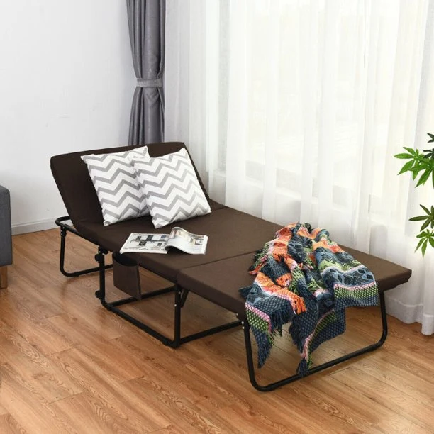 Cama de invitados plegable portátil con 6 posiciones ajustables y bolsillo de almacenamiento lateral (marrón, 78" LX 35" W)