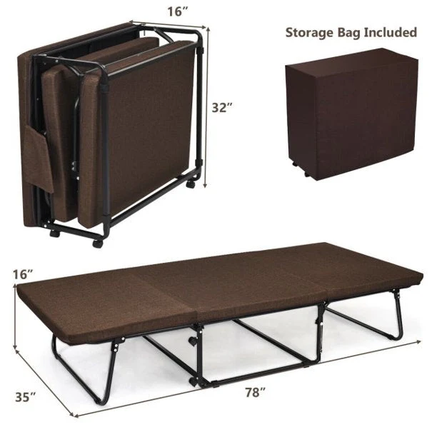 Cama de invitados plegable portátil con 6 posiciones ajustables y bolsillo de almacenamiento lateral (marrón, 78" LX 35" W)