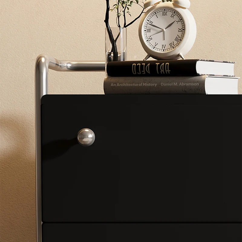 Contemporary Nordic Wood & Stainless Steel Square Nightstand With 2 Drawers For Bedroom & Living Room