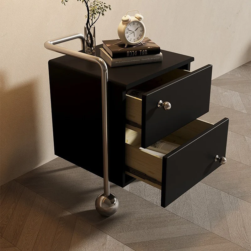 Contemporary Nordic Wood & Stainless Steel Square Nightstand With 2 Drawers For Bedroom & Living Room